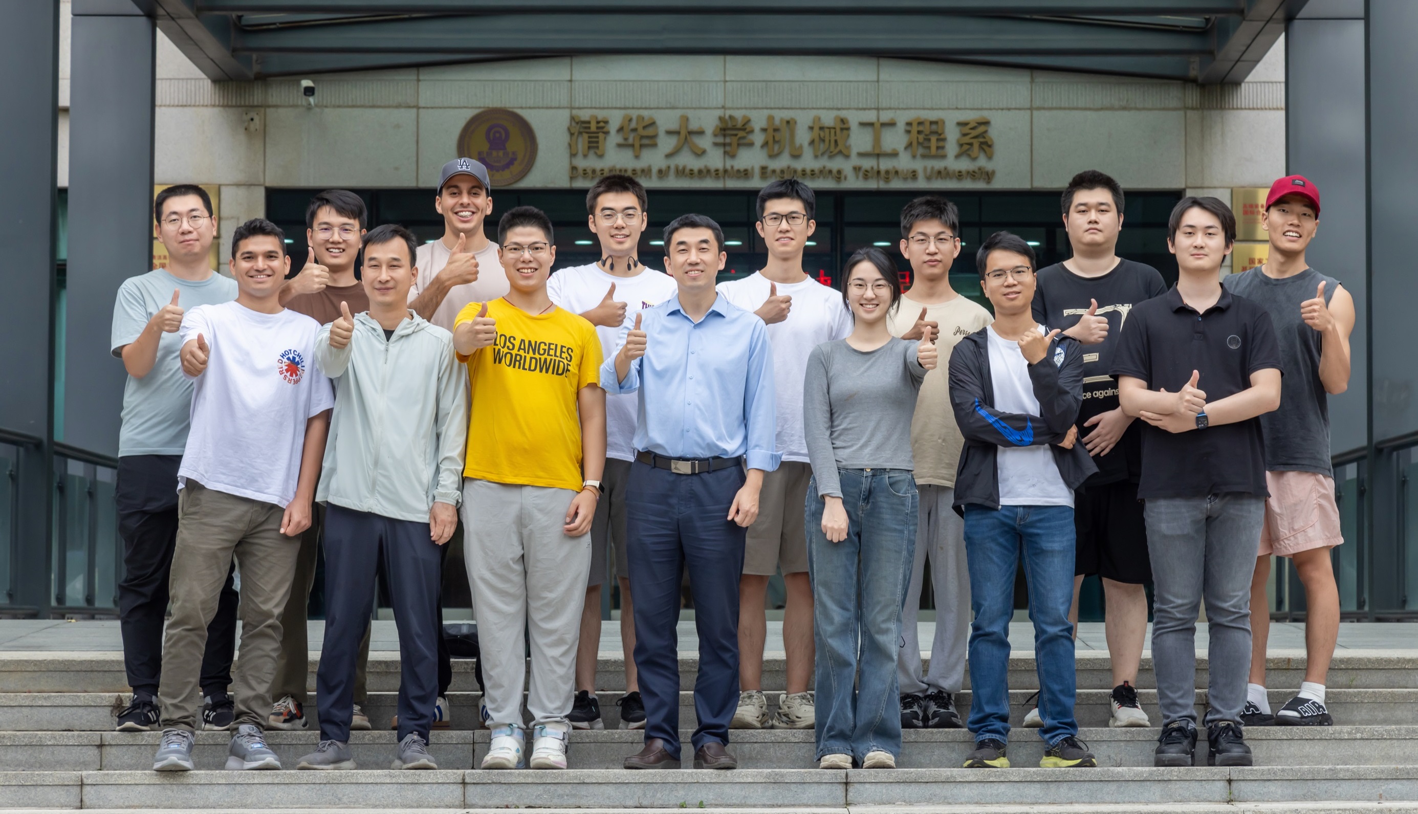 CableBot Lab research team group photo with Tsinghua University Department of Mechanical Engineering backdrop